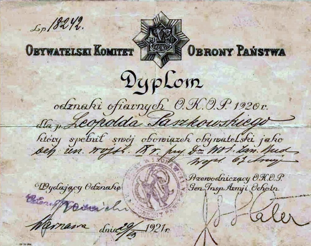 KKE 5979.jpg - Dok. Dyplom Leopolda Kleofasa Paszkowskiego wraz z odznaka OKOP, Waraszawa, 29 VII 1921 r.
